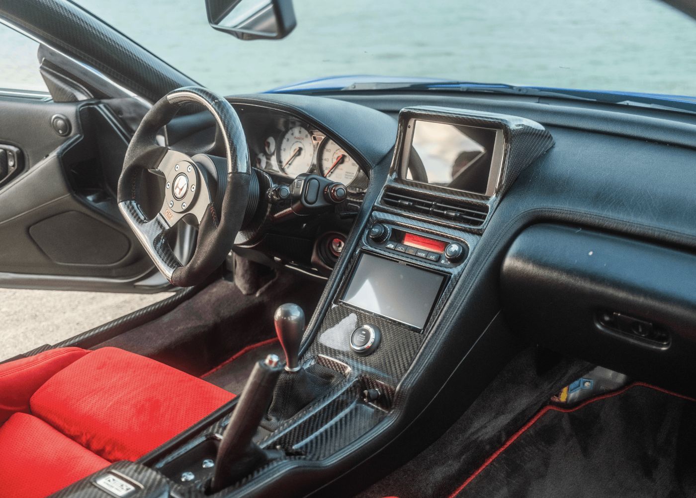 NSX dashboard, OMP steering wheel and carbon fiber gauge surround